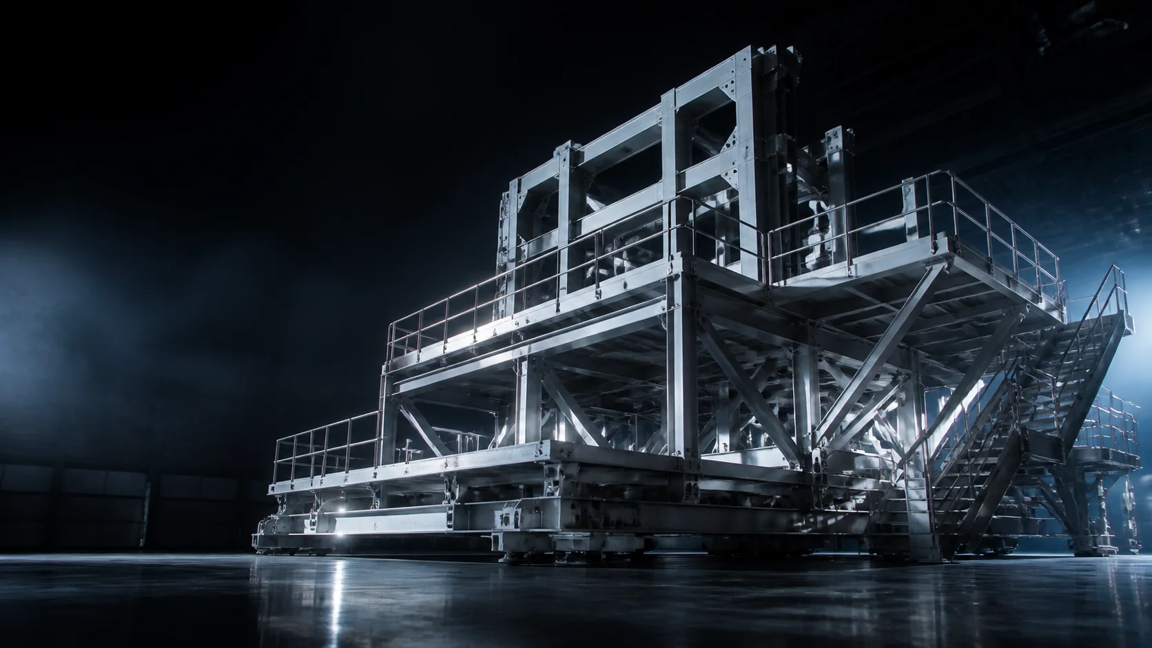 Fictional modular steel frame illuminated inside a dark hangar